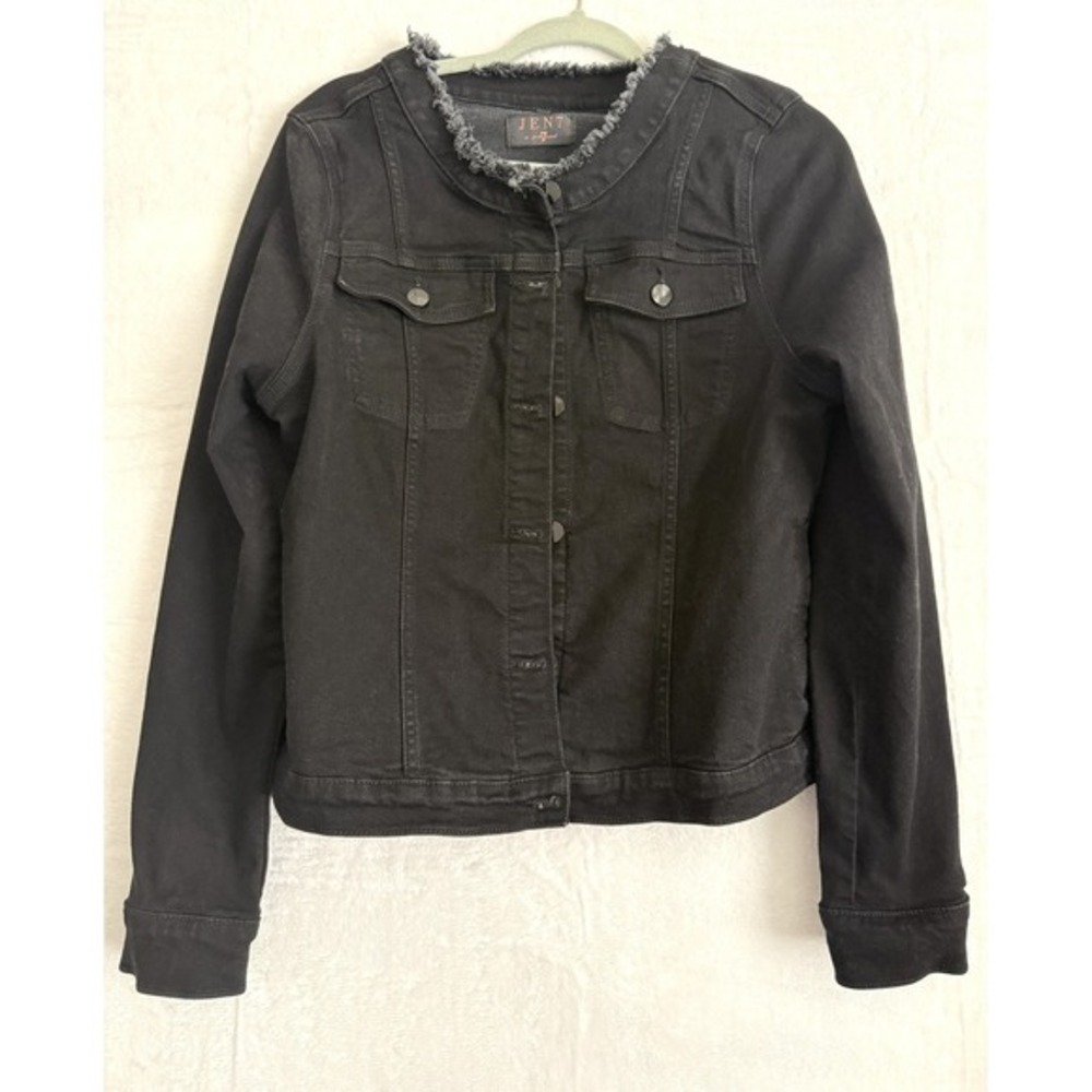 JEN7 Seven For All‎ Mankind Black Denim Jacket Distressed Collar W Front Size L